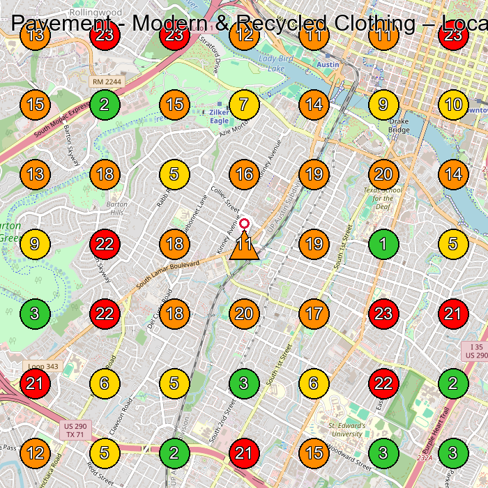 Pavement - Modern & Recycled Clothing Vintage Clothing Store GeoGrid ranking map for Austin TX